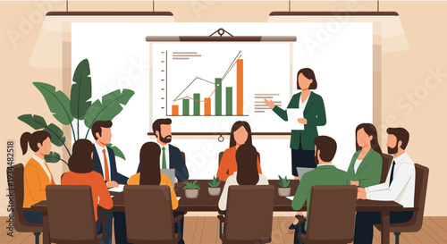 Corporate business meeting featuring professional diverse team analyzing financial growth charts on whiteboard for cad drawing flat vector illustration