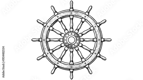 Ship steering wheel helm symbol vector engraving style isolated on white background for nautical branding logo design maritime poster art and sailing emblem