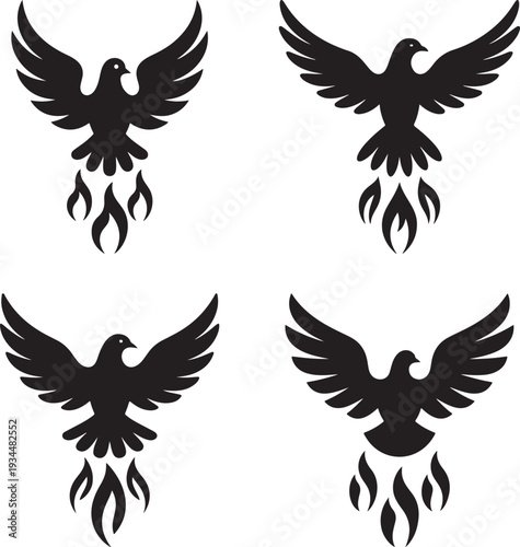 Four black vector doves descending with flames bird