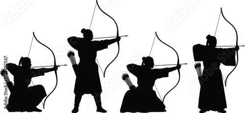 Set of four black silhouettes of Japanese archers in traditional clothing holding longbows and arrows in various standing and kneeling shooting poses for Kyudo