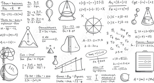 Hand drawn mathematical equations and geometric shapes on a white background with various scientific diagrams and formulas