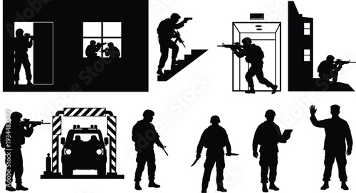 Comprehensive collection of military silhouettes featuring tactical combat maneuvers, humanitarian aid camp operations, emergency transport vehicles, and field equipment on white background