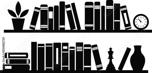 Black silhouette illustration of bookshelf with books, plant, clock, vase, chess piece, minimalist home decor, strategy and time vector design