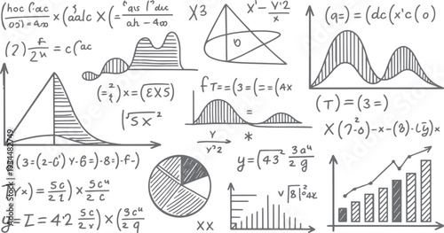 Hand drawn mathematical formulas equations and graphs on white background mathematics