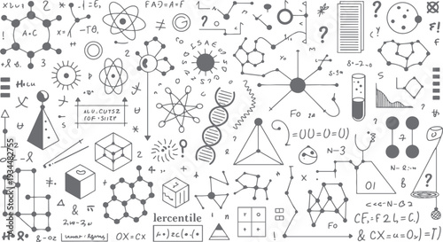 Hand drawn science and math doodles including molecular structures atomic models D N A and geometric shapes