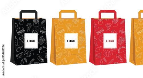 Three colorful paper bags with fast food illustrations and logo spaces
