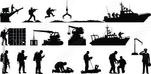 Comprehensive collection of military silhouettes featuring tactical combat maneuvers, humanitarian aid camp scenes, logistical field operations, and transport isolated on white background