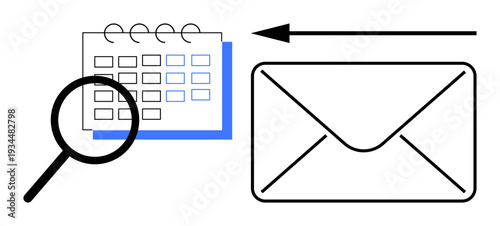 Calendar concept. Calendar scheduling connected with email communication and task management. A magnifying glass highlights date tracking. For productivity, office tools, planning