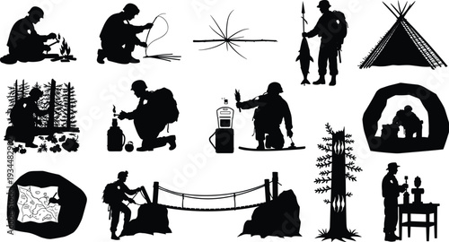 Black silhouette icons of military survival techniques featuring wilderness camping skills, spear fishing, fire making, navigation, shelter building, and mountain trekking maneuvers.