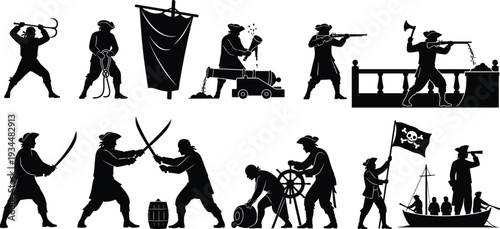 Black Pirate Silhouette Vector Set Featuring Buccaneers Swashbuckling with Sabers Loading Cannons Sailing Ships and Jolly Roger Flags for Nautical Graphic Design