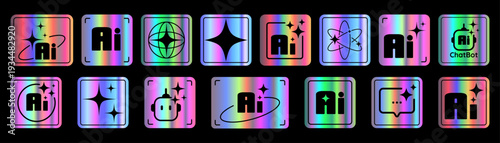 Holographic AI icon set, colorful iridescent artificial intelligence stickers with chatbot robot and brain symbols on black