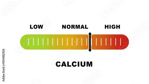 Calcium level indicator scale. Low normal & high meter infographic animation on white background. Showing high calcium level color gauge indicator for nutrition and bone health monitoring.