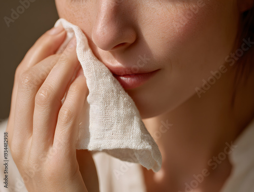 Woman hand holding soft white cloth gently blotting face, close up of skincare routine, natural light, healthy skin, self care, relaxation, morning beauty ritual