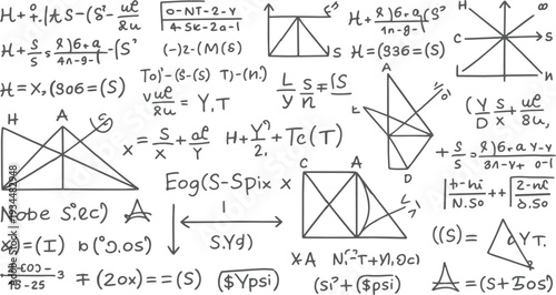 Handwritten mathematical equations and geometric diagrams on a white background mathematics formula