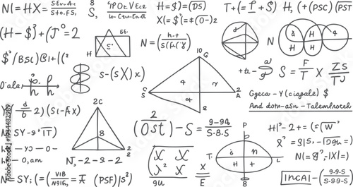 Handwritten mathematical equations and geometric diagrams on a white background mathematics formula 1