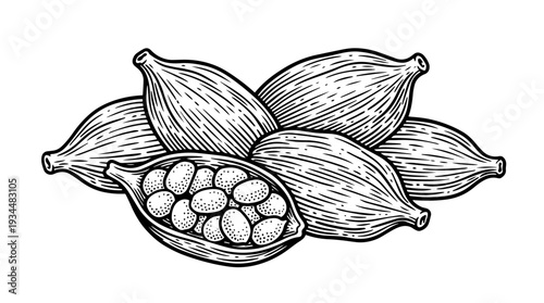 Cardamom pods with seeds vector engraving style isolated on white background for chai tea branding spice packaging label design and aromatic ingredient illustration