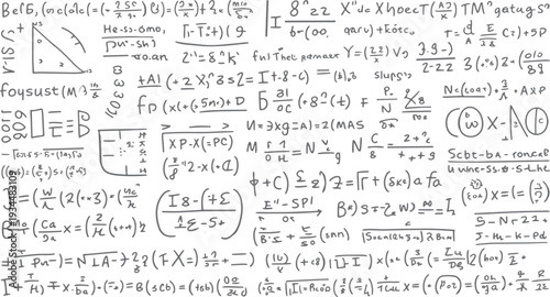 Handwritten mathematical equations and symbols on a white background with a triangle graph and geometric shapes