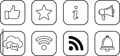 Outline Icons for Social Media and Information on White Background like thumb up