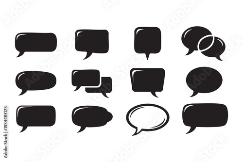Black Speech Bubble Icons Set, Comic Chat Clouds and Glossy Message Balloons Vector Illustration