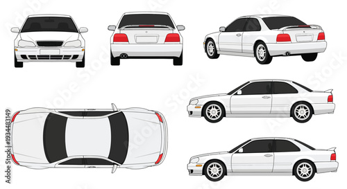 Technical illustration of a white acura vigor showcasing multiple views