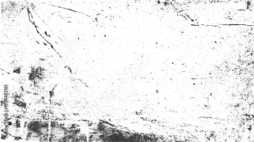 Black speckle and grunge texture on white background with abstract lines and scratches