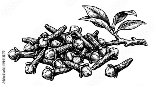 Pile of whole cloves spice vector engraving style isolated on white background for culinary branding seasoning packaging label design and recipe ingredient illustration