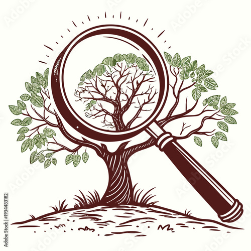 Magnifying Glass Examining Tree Growth Detailed Vector