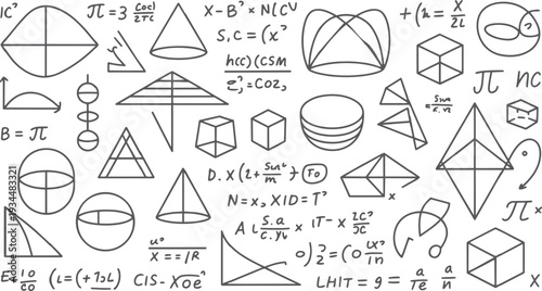 Hand drawn mathematical formulas and geometric shapes on white background mathematics geometry