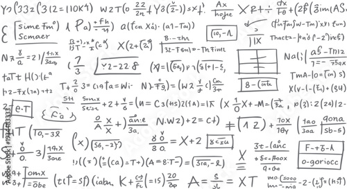 Handwritten mathematical equations and symbols scattered across a white background with various complex formulas and notations