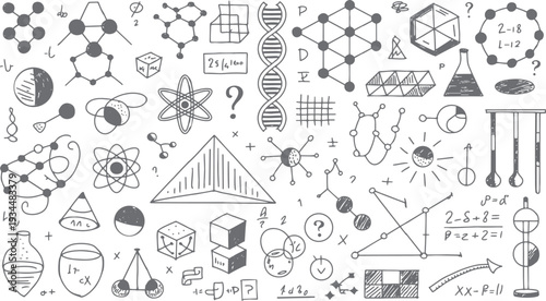 Hand drawn science and math doodles including molecular structures D N A helix and geometric shapes