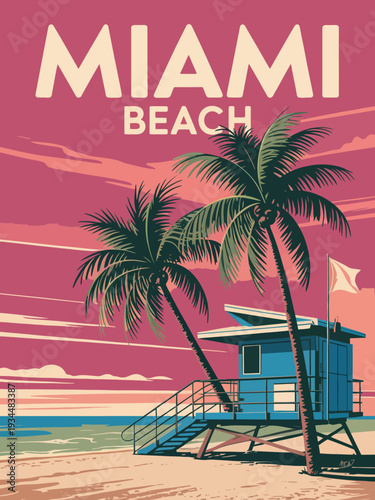 Miami Beach Travel Poster, Retro Tropical Lifeguard Tower and Palm Trees Pink Coral Sky Art