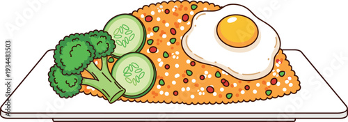 Fried Rice Plate with Sunny Side Up Egg and Fresh Vegetables Vector Illustration in Flat Cartoon Food Style
