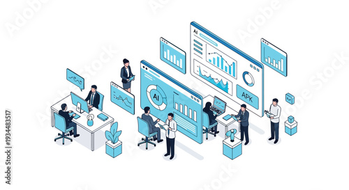 Isometric illustration of a modern office environment with data analysis focus