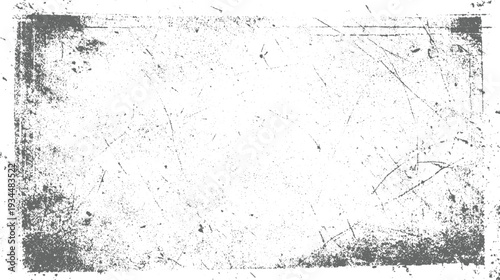 Grungy distressed rectangular frame with scattered dust specks and linear scratches on a white background