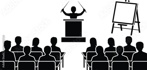 Black silhouette illustration of classroom seminar with teacher at podium, audience seated, and presentation board for education, training, and public speaking themes
