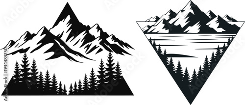 Stylized black silhouette vector illustrations of majestic mountains with pine trees and a serene lake, framed in geometric shapes.