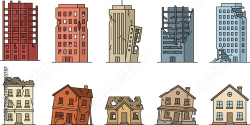 Abandoned ruined buildings, destroyed city houses, earthquake damage, war zone architecture, broken windows, cracked walls, demolished apartment blocks, flat vector illustration.