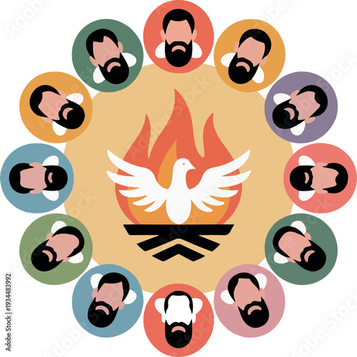 Twelve apostles circle dove flames religious symbol