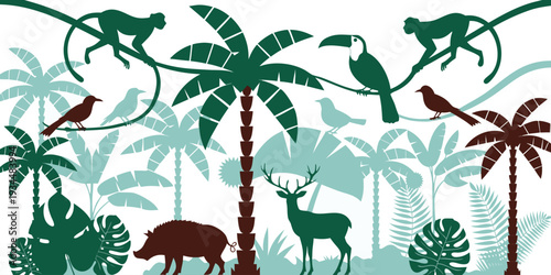 Stylized tropical rainforest scene featuring diverse animals and lush foliage