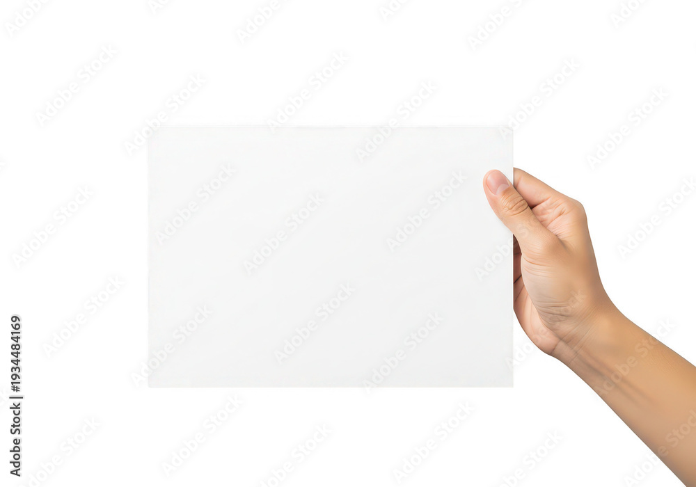 Fototapeta premium A hand holding a blank white paper sheet ideal for mockups on transparent background
