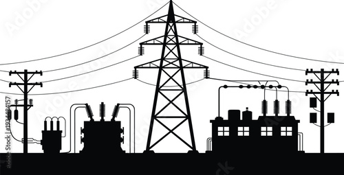 Black silhouette illustration of electrical power distribution system, transmission tower, utility poles, transformers, substation, energy infrastructure vector design