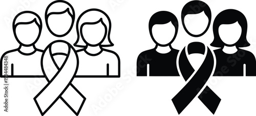 Cancer Awareness Ribbon with Diverse Group of People in Simple Flat Design for Health Campaigns