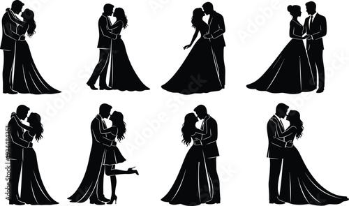 Black and white silhouette vector collection of romantic couples embracing in elegant evening wear wedding and love poses