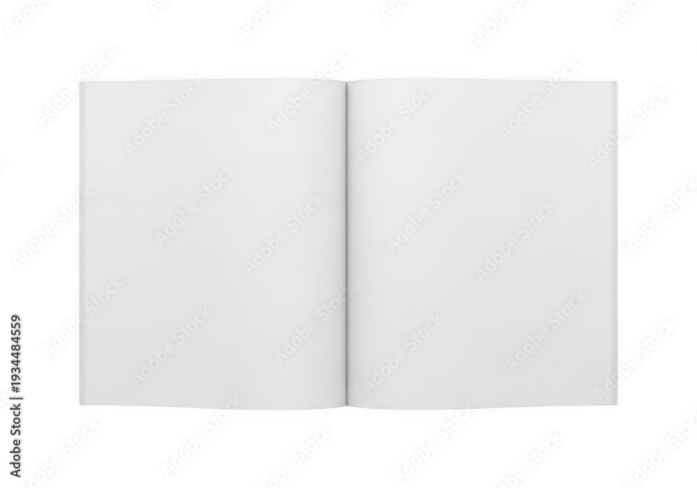 Naklejka premium A blank, open book with white pages resting on a white surface isolated on transparent background