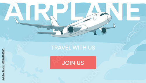 Airplane flying in blue sky with clouds travel with us join us web banner template design, flat vector illustration