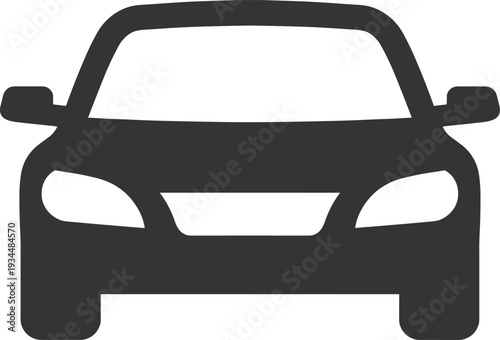 Front view car icon vector illustration, black sedan silhouette symbol for automotive transport, vehicle insurance logo isolated on white background, modern sleek travel sign