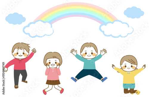 ジャンプする子どもたちと虹