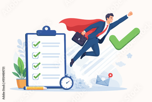 Super Businessman Flying with Red Cape and Briefcase Near Large Checklist with Green Checkmarks, Concept of High Productivity, Efficient Task Management, Successful Goal Achievement and Speed.
