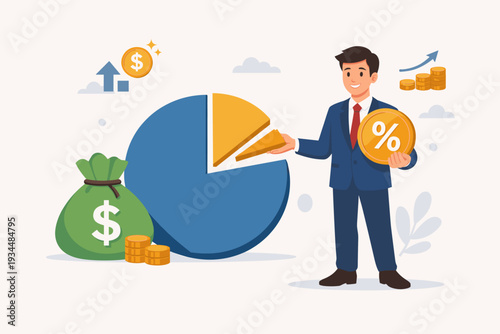 Businessman Holding Percentage Coin and Pie Chart for Commission Payment, Interest Rate for Loan, Investment Profit, Financial Growth, Dividend Payout, and Incentive Reward Concept Vector