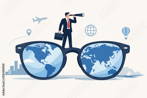 Businessman Standing on Giant Glasses with World Map Lenses Looking Through Telescope for Global Business Vision, International Career Opportunity, Strategic Planning and Future Growth Search.